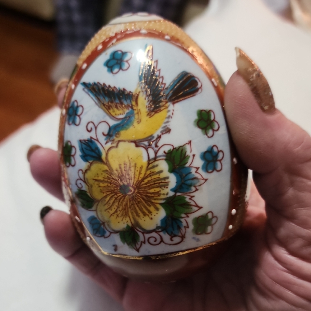 Decorative Ceramic Bird & Floral Egg - Yellow Accent